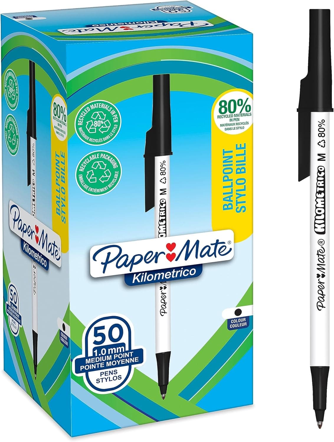 Canetas Paper Mate Kilométrico | Escrita longa com ponta média (1,0 mm), tinta preta, 80% plástico reciclado, 50 unidades