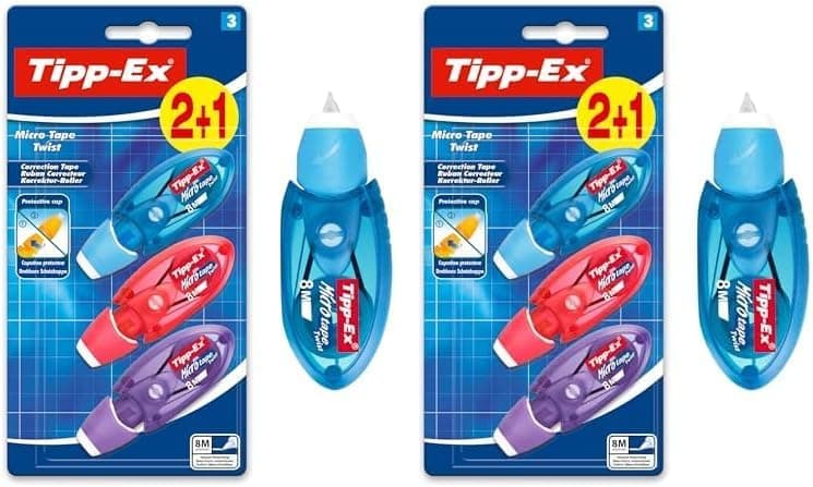 BIC Tipp-Ex fita de correção de canetas ótima, para material escolar, micro Tape Twist, 8 m x 5 mm, com cabeça rotativa, bolha de 3, multicolorida, embalagem de 2 unidades