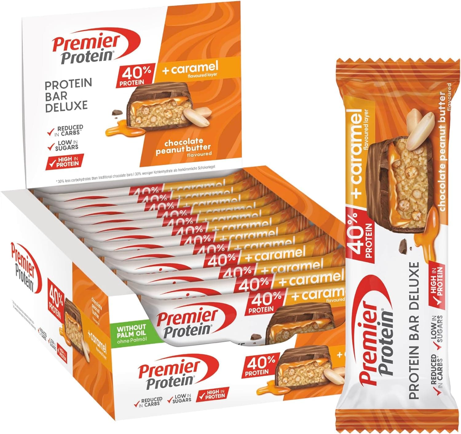 Premier Protein Bar Deluxe chocolate Peanut Butter 12 x 50 g - alto teor de proteínas baixo teor de açúcares reduzido em hidratos de carbono sem óleo de palma