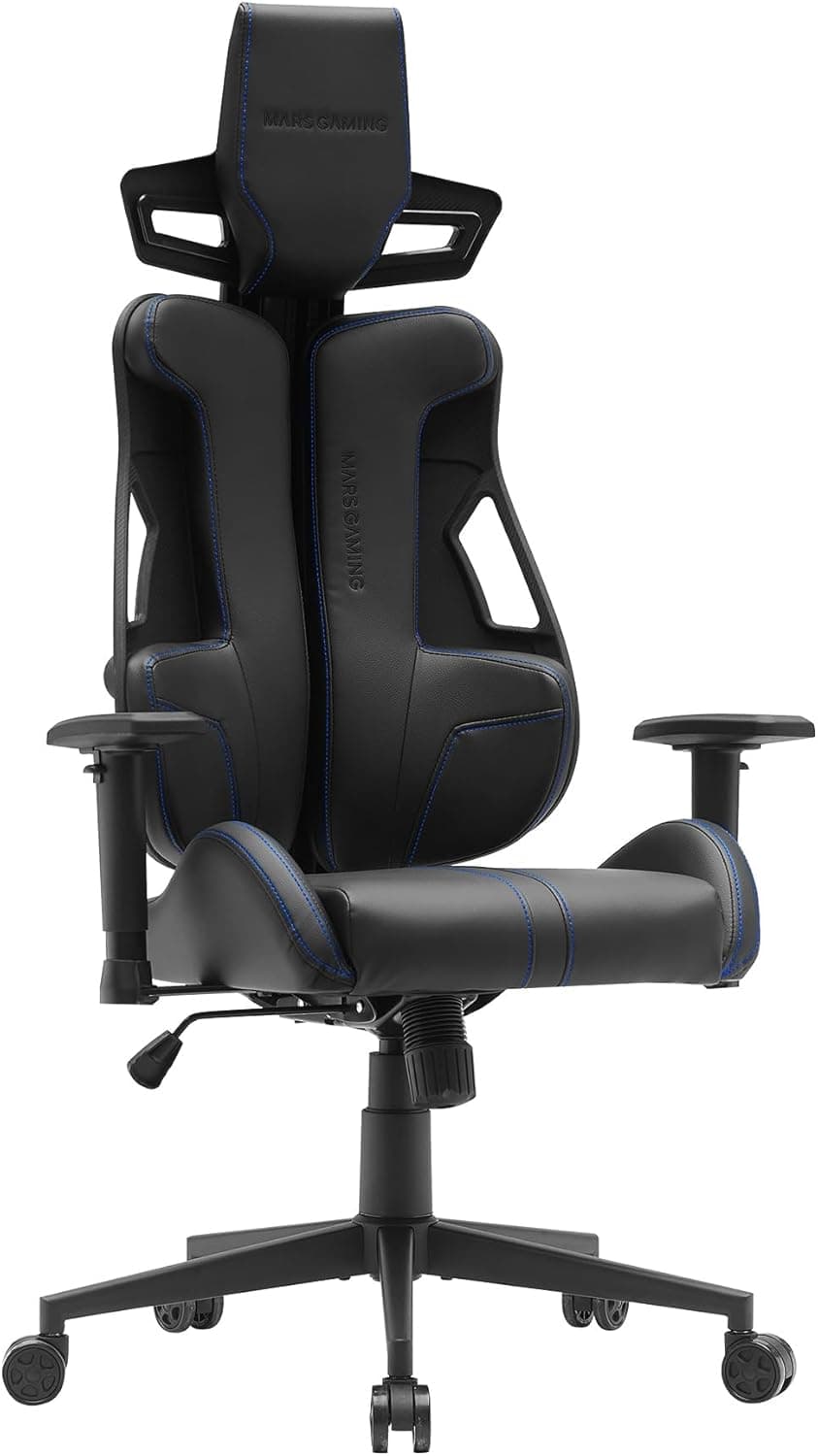 Mars Gaming MGC-ELITE, cadeira de jogos ergonómica, encosto flexível adaptativo, apoio de braços ajustáveis 2D, assento reclinável, acabamento em couro PU, cadeira escritório com rodas XL, pistão gás