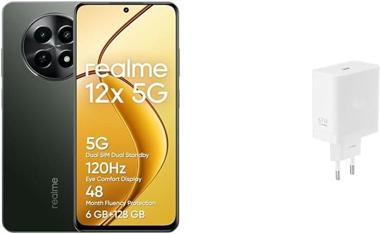 realme Telemóvel 12 x 5G 6 + 128 GB, processador 5G de 6 NM, câmara com IA de 50 MP, grande bateria de 5000 mAh, NFC, preto brilhante SUPERVOOC 67W Power Adapter White