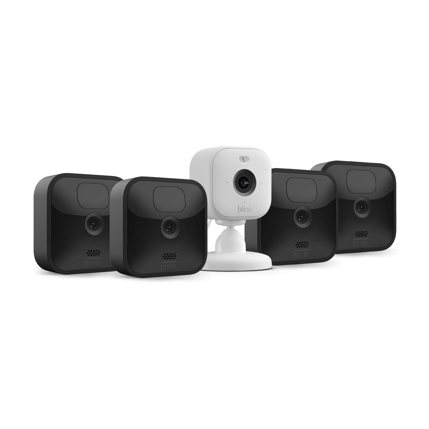 Blink ao ar livre | Câmara de Vigilância Externa de 2 Anos, 4 Câmeras + Blink Mini 2 | Câmera de vigilância interna, HD com plugue, visão noturna colorida, compatível com Alexa (branco)