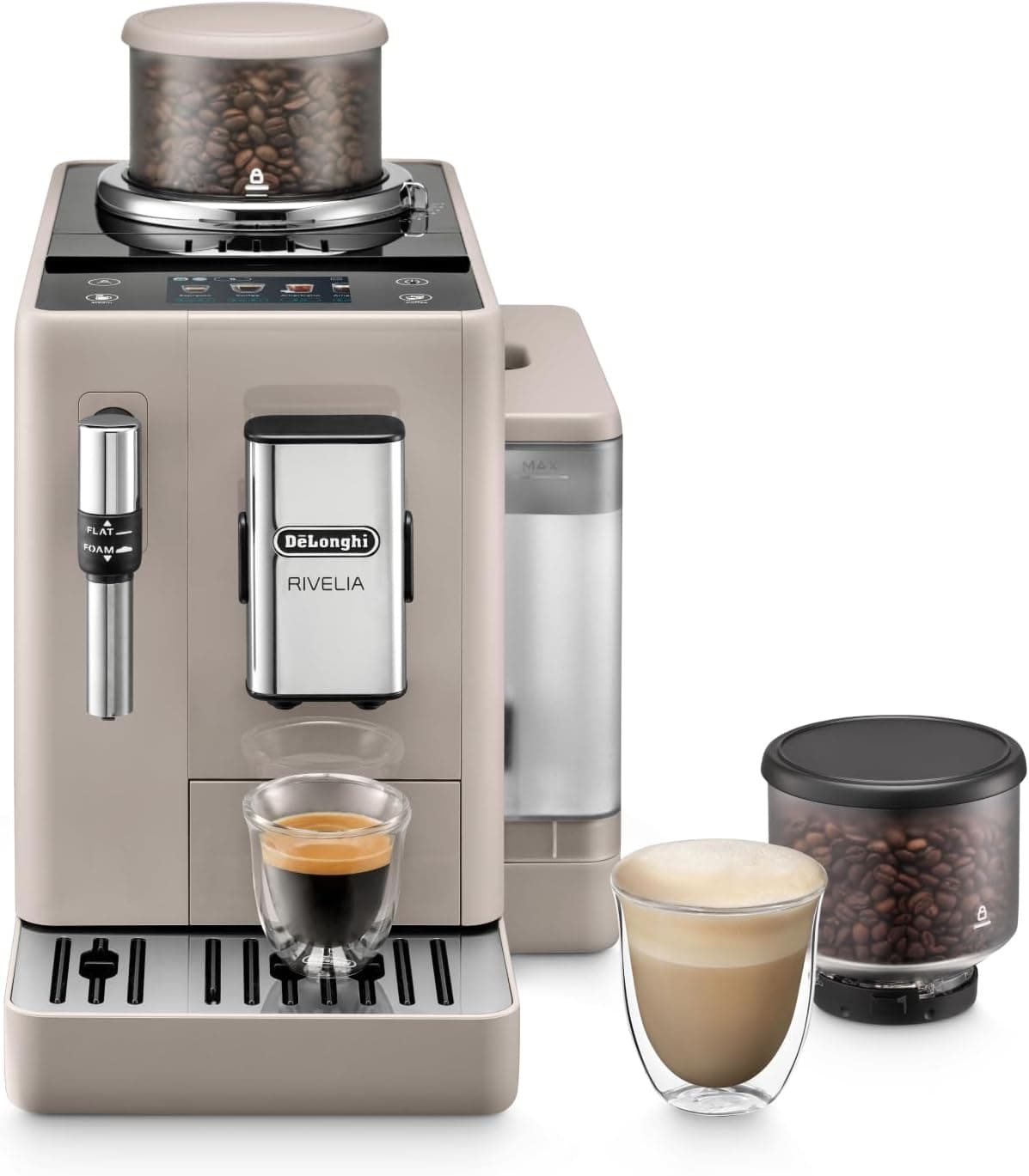 De'Longhi Rivelia EXAM440.35.BG, Máquina de café super automática com espumador de leite manual, tamanho compacto, 8 receitas, ecrã táctil colorido, bege areia