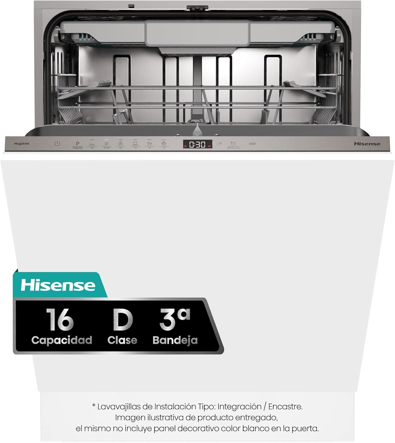 Hisense HV16D5 Lava-louças de integração, Class D, capacidade de 16 serviços, altura 81,6 cm x largura 59,8 cm, secagem automática, programa automático, terceira bandeja, 15 ' lavagem rápida