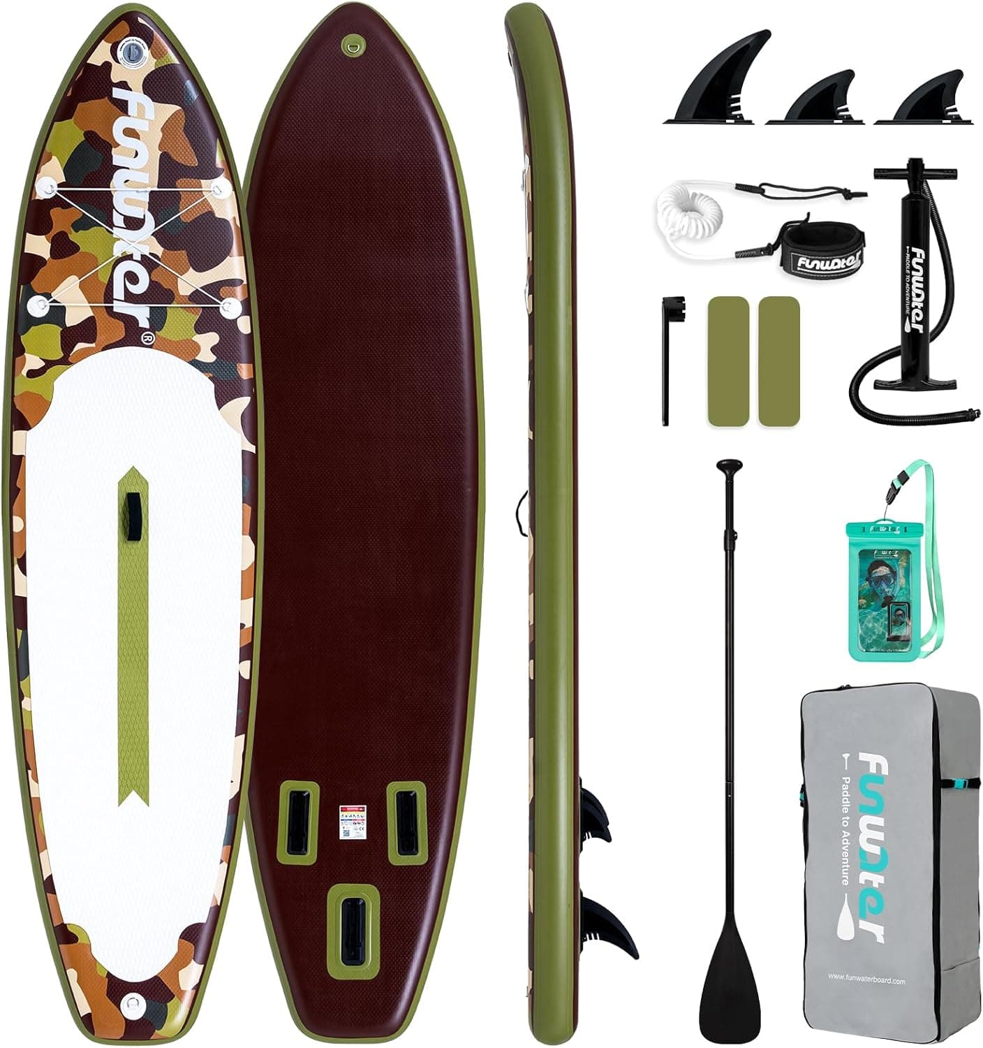 FunWater Prancha insuflável de remo de pé, design de camuflagem amarela