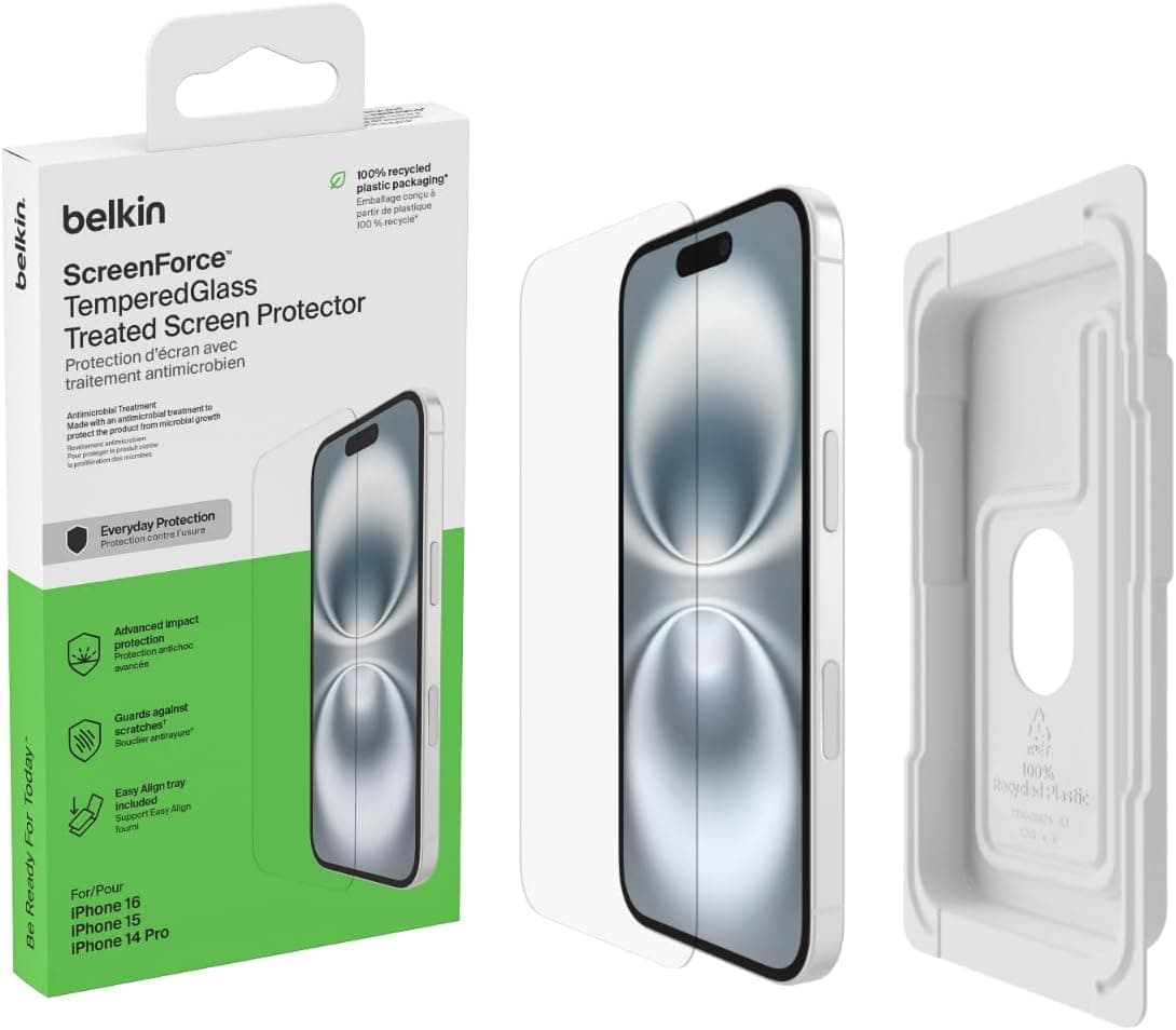 Belkin ScreenForce TemperedGlass | Protetor de ecrã em vidro temperado para iPhone 15 e 14 Pro com transparência cristalina e aplicação anti-bolhas