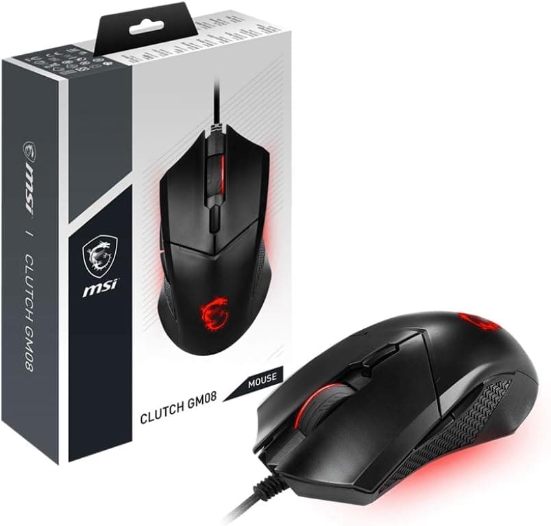MSI Clutch GM08 - rato para videojogos (USB simétrico, LED vermelho, sensor ótico Paw 3519, interruptor de até 10 ml de clique, sistema de pesos modificáveis), preto 