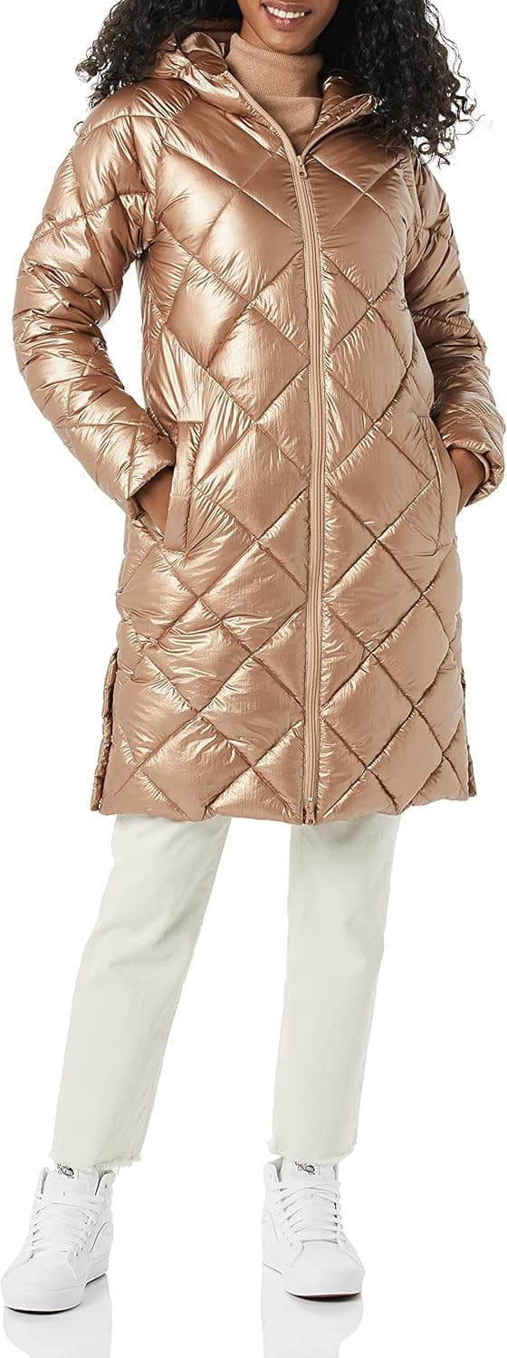 Amazon Essentials Casaco grosso para inverno com capuz e acolchoado em forma de rumos até ao joelho mulher