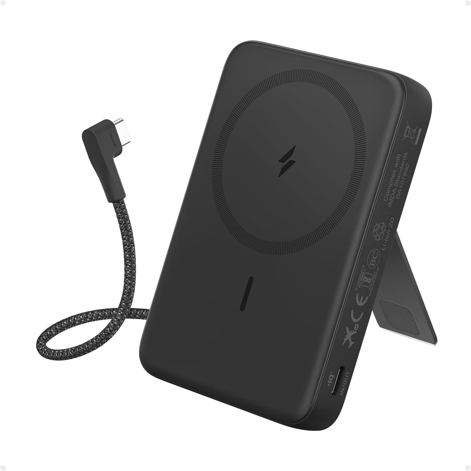Anker Zolo Power Bank Magnético, carregador portátil sem fios de 10 000 mAh, carregamento rápido máximo de 30 W, bateria com cabo USB-C integrado e suporte ajustável, para iPhone 15/14 Series, AirPods