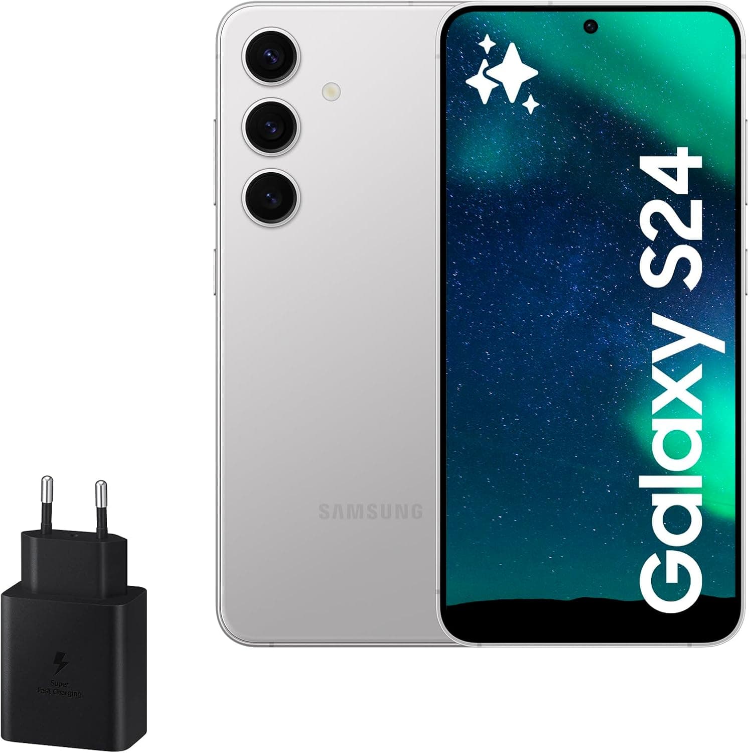 Samsung Galaxy S24 e carregador de 45W, telemóvel com IA, smartphone Android, 8 GB RAM, 256 GB de armazenamento, câmara 50 MP, bateria longa duração, cinzento mármore