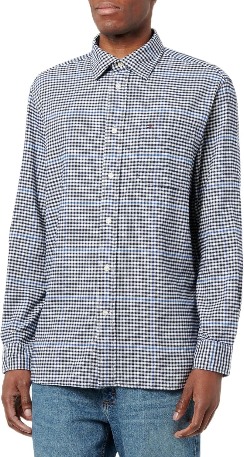 Tommy Hilfiger T-shirt de manga comprida homem Brushed Gingham Overcheck Shirt com bolso no peito