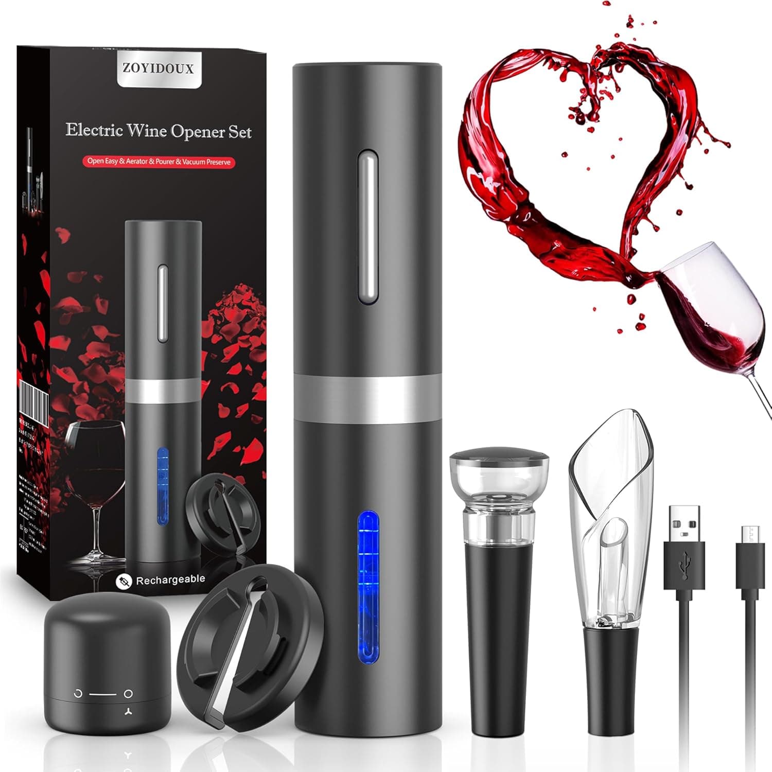 Saca-rolhas elétrico USB 6 em 1, abridor de garrafas de vinho, abre-garrafas sem fio, conjunto com cortador de papel e tampa a vácuo e cabo de carregamento USB