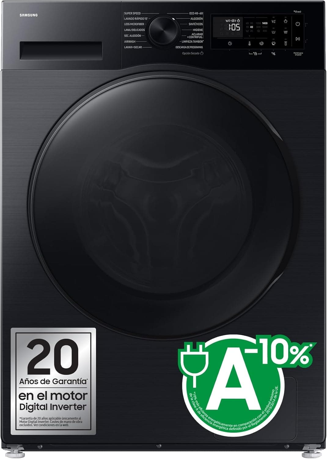 Samsung máquina de lavar roupa e secar com fundo reduzido, 9 kg/5 kg, AI Ecobubble™, programa Super Speed 39, AirWash, classe E/A-10%, preto - WD90DG5G34BBEC