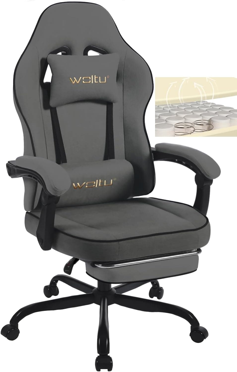 WOLTU Silla Gaming Ergonómica, Silla de Oficina con Reposabrazos y Soporte Lumbar, Silla Racing Giratoria con Asiento Amplio y Lleno de Muelle, Estructura Metal, Tela Sintética, Gris, GS10gr Gris Tela sintética