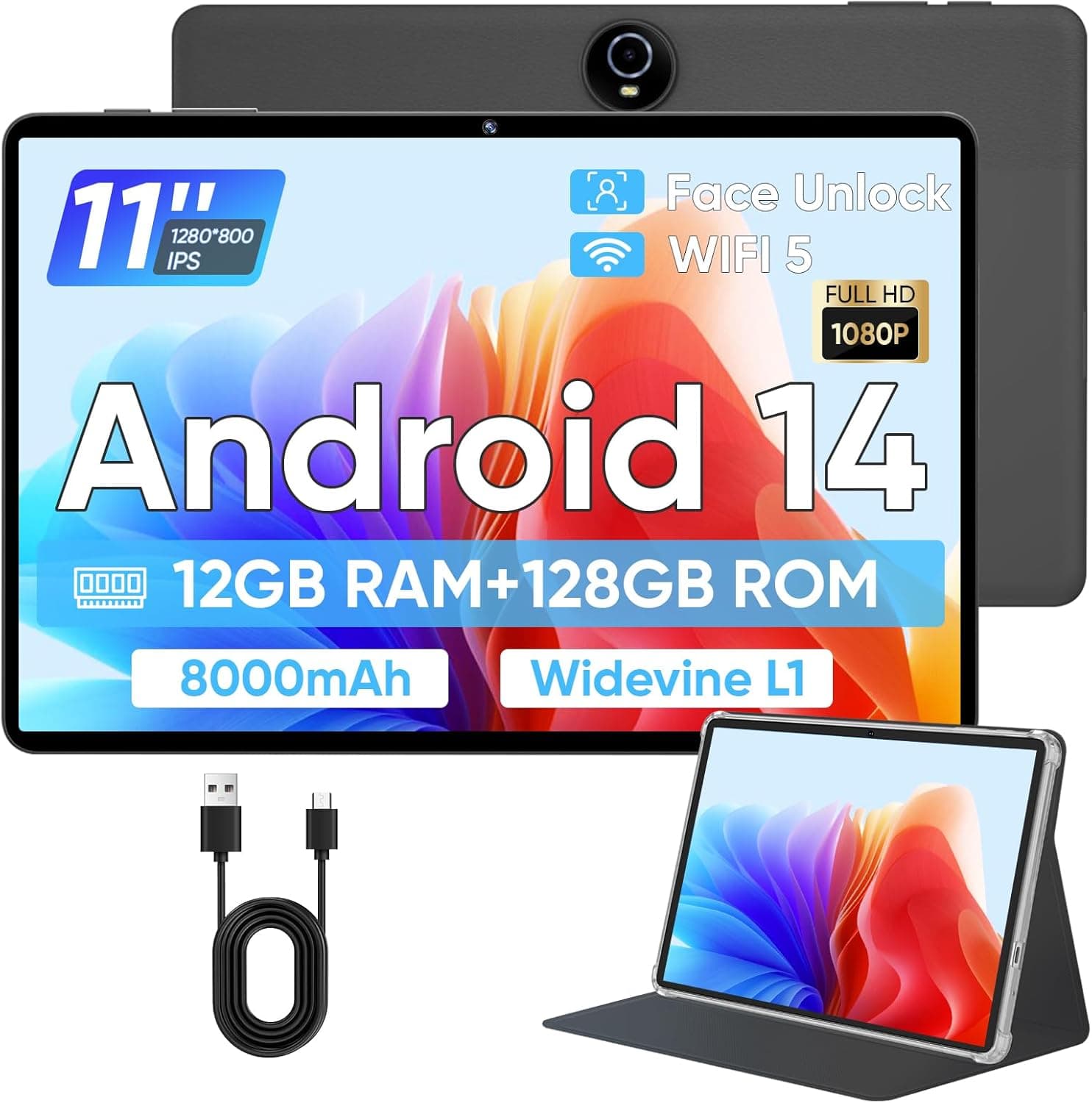 2024 Tablet 11 polegadas Tablets Android 14 com Octa-Core, 12 GB RAM 128 GB ROM, 8000 mAh Battery, Drop-Proof Case, TF 1TB, HD IPS Touchscreen, Wi-Fi 5G/2,4 G, Bluetooth 5.4 G, Bluetooth 5.4 0, GPS,