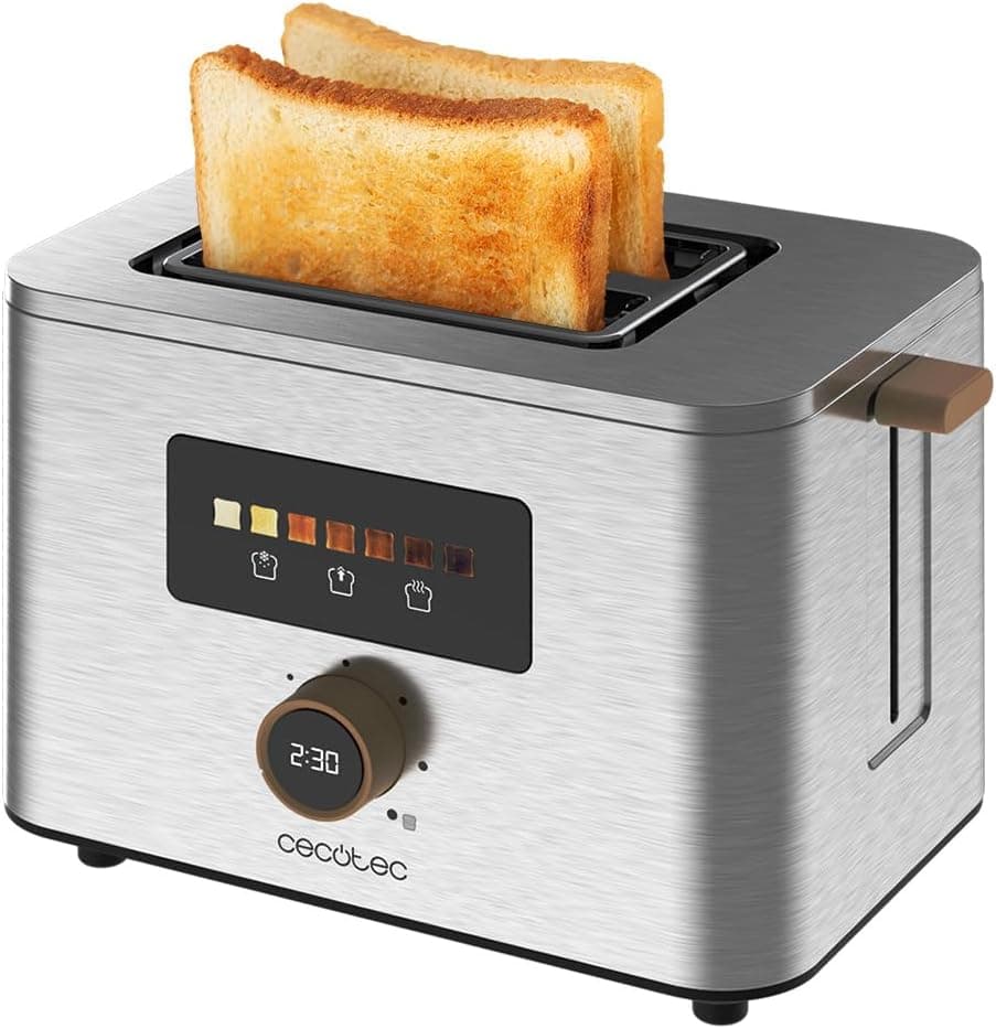 Cecotec Torradeira vertical de 2 ranhuras curtas Touch &Toast duplo, 950 W, 2 fatias de pão, ranhuras extra largas, de 3,8 cm, ecrã táctil e botão digital, acabamento em aço inoxidável