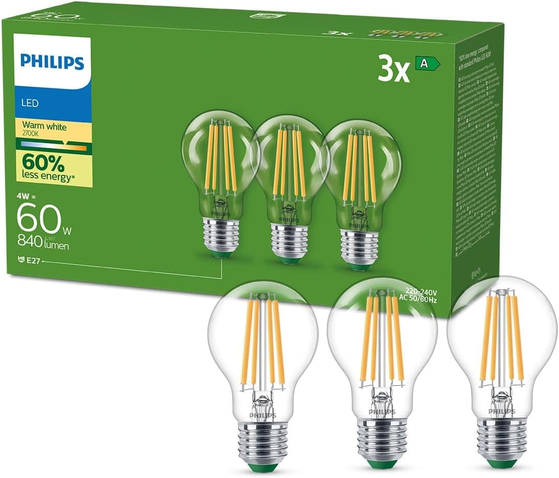 Philips Lighting Lâmpada LED de filtro ultra eficiente, E27, 4 W, equivalente a 60 W, luz quente 2700 K, eficiência energética A, pack de 3 unidades