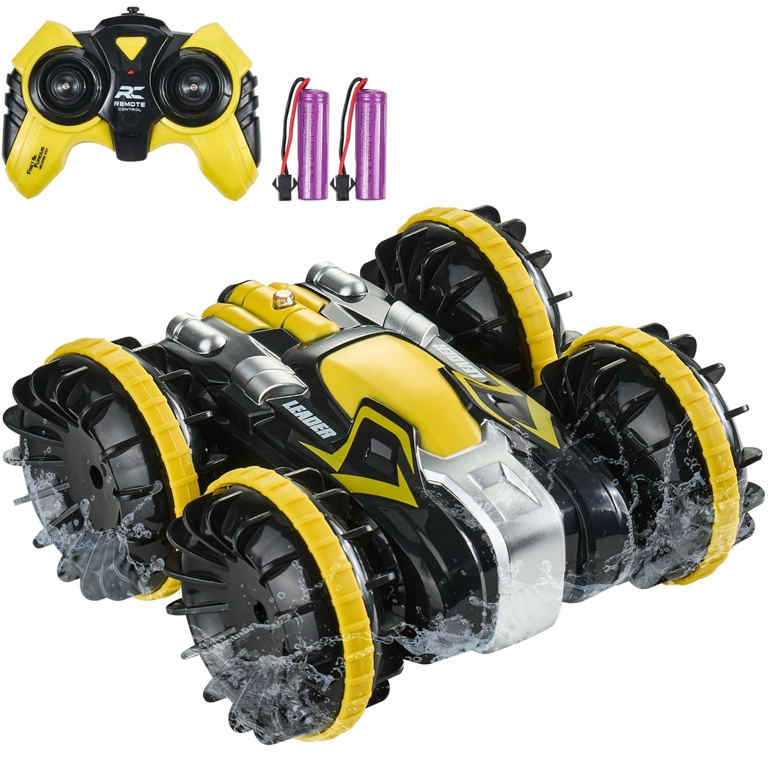 VEVOR Barco anfíbio remoto de 2,4 GHz e 12 km/h, 4 WD, resistente à água com rotação de 360° e 2 baterias, brinquedo todo-o-terreno para praia, piscina e água para crianças acima de 6 anos, amarelo