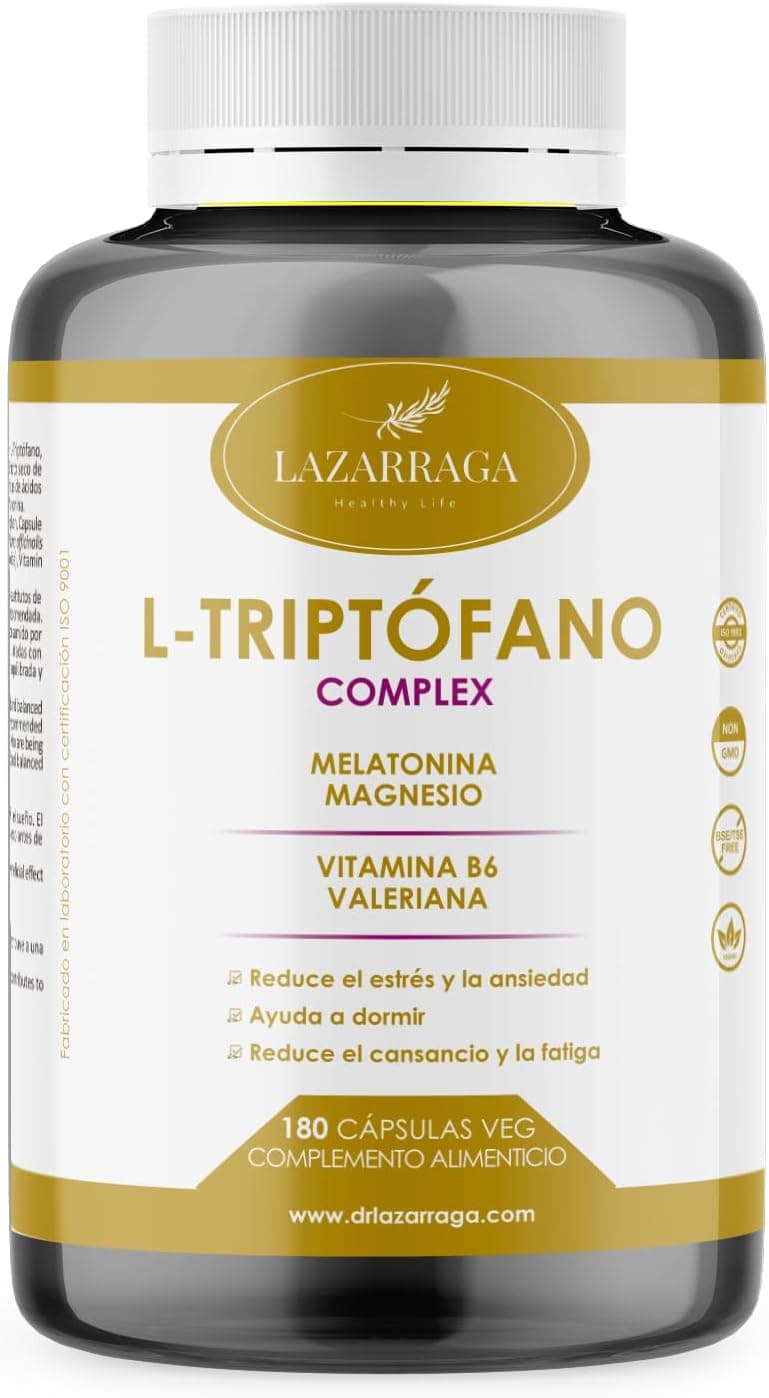 Lazarraga Triptófano com magnésio, melatonina, vitamina B6 e valeriana, complemento para dormir e reduzir o stress e a ansiedade, 180 cápsulas legumes, vegano, 3 meses de tratamento
