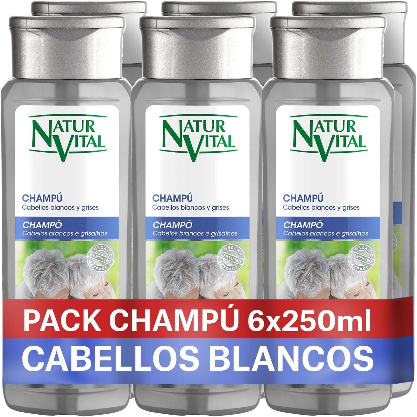 NaturVital - Champô para cabelos prateados, brancos e grisalhos, pigmento azul, para homens e mulheres, 6 x 250 ml