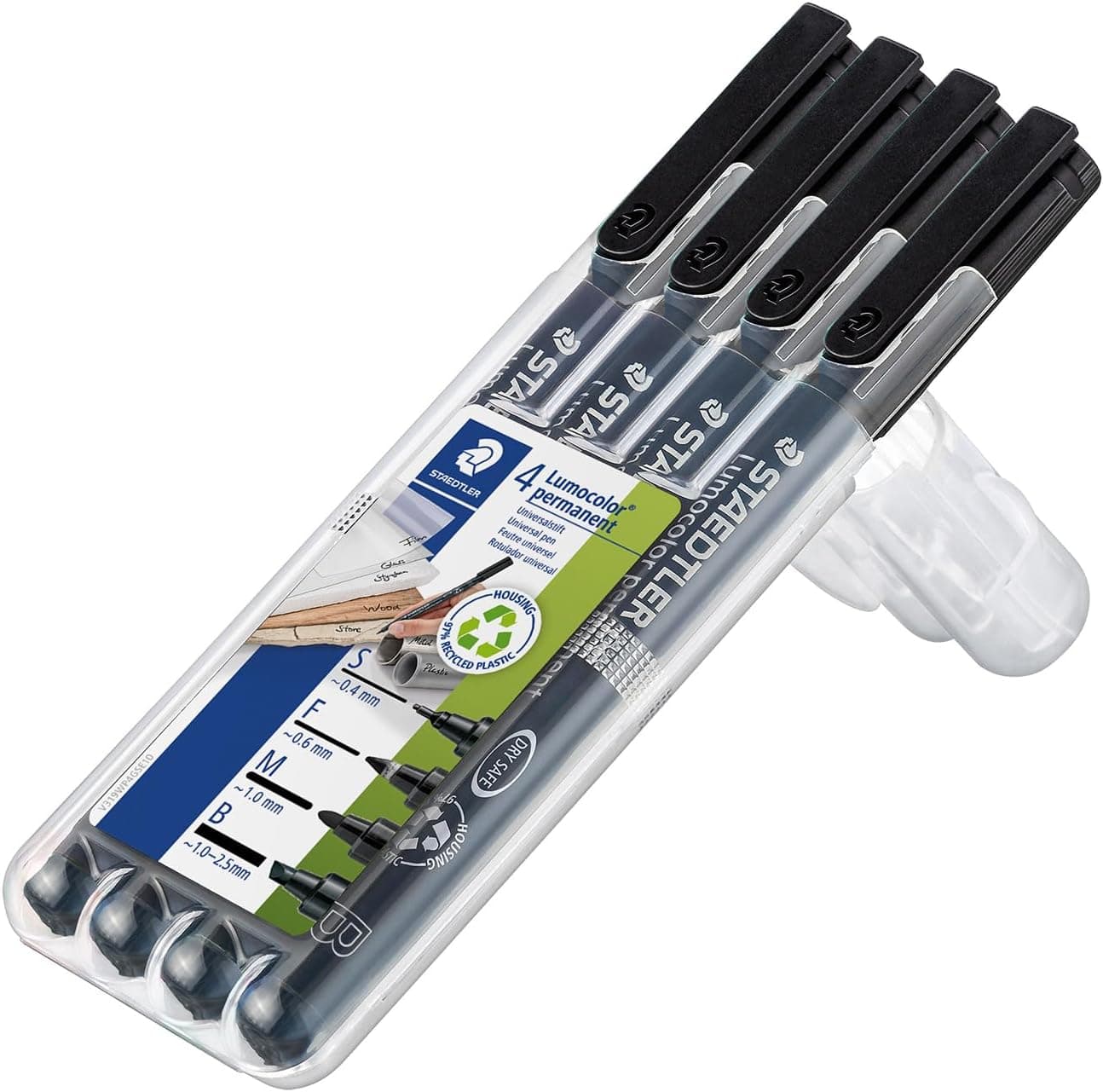 STAEDTLER Lumocolor 31-9WP4GS Marcadores permanentes de cor preta, estojo com 4 unidades de espessura diferente