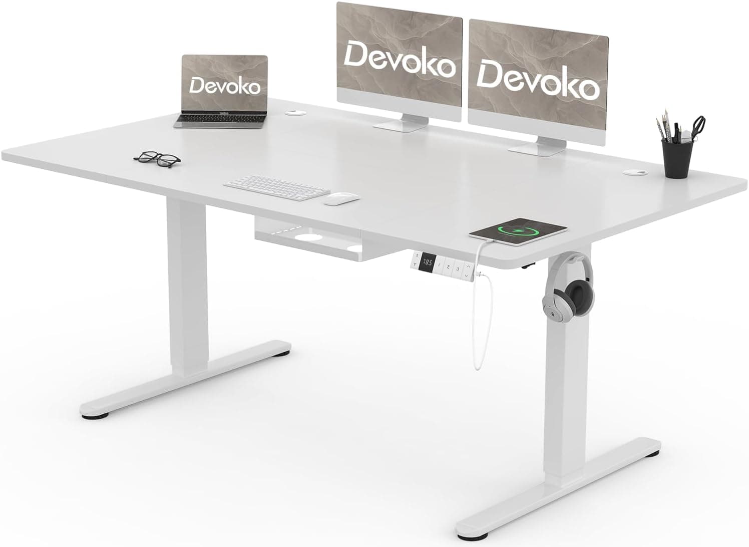 Devoko 160 x 80 cm, mesa elétrica de carregamento USB C, mesa ajustável em altura com painel, 3 funções de memória e anticolisão, regulável em altura 72-118 cm, branco