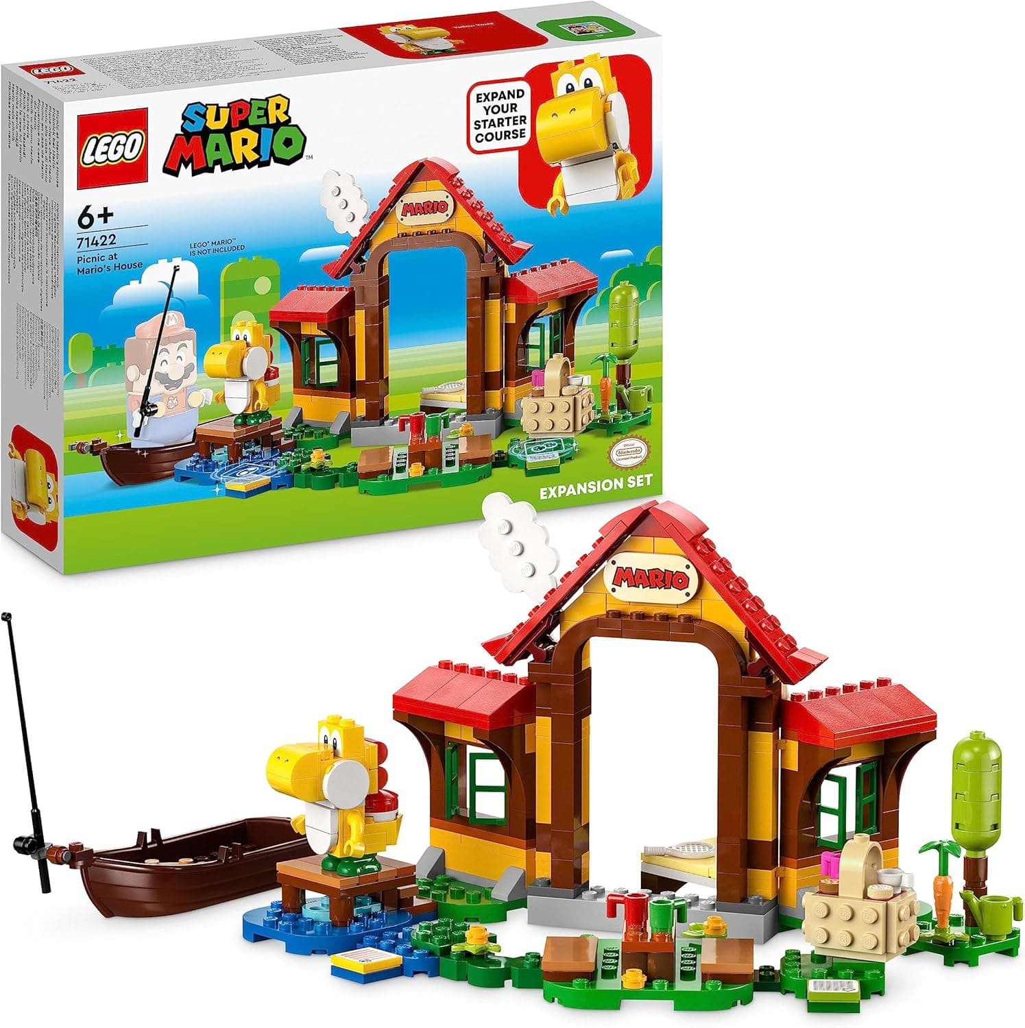 LEGO 71422 Super Mario Set de expansão piquenique em casa de Mario (71422), brinquedo para construir com figura Yoshi amarela, para combinar com o pacote inicial