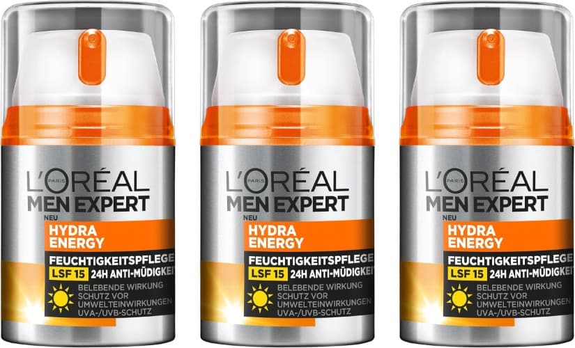 L'Oréal Men Expert Cuidado facial com SPF 15, creme hidratante com proteção solar, com guaraná e vitamina C, Hydra Energy hidratante 24H anti-fadiga, 1 x 50 ml