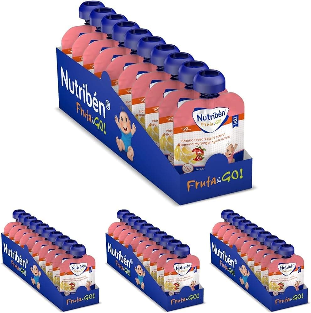 Nutribén Fruta And Go | Bolsita de puré de Frutas 100% Natural, Plátano Fresa y Yogurt Natural- Pack De 10 unidades x 90g (Paquete de 4)