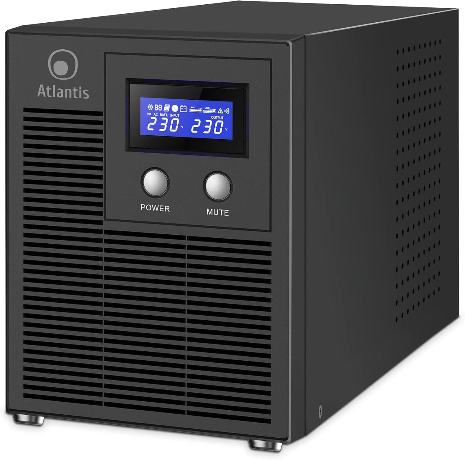 Atlantis A03-HP3003P - Fonte de alimentação ininterrupta de onda sinusoidal pura 2000VA 1400W Line Interactive, ecrã LCD, porta USB-HID, 6 saídas IEC, 2 baterias 12 V-9Ah, porta série RS232,