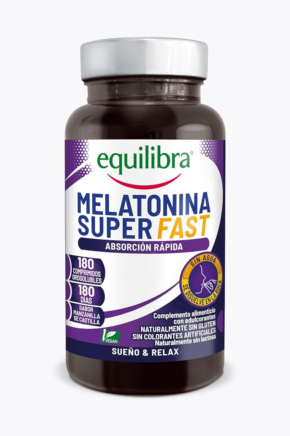 Equilibra, Melatonina super rápida, suplemento de melatonina de absorção rápida, sem necessidade de água, sabor de camomila, vegan, 180 comprimidos solúveis