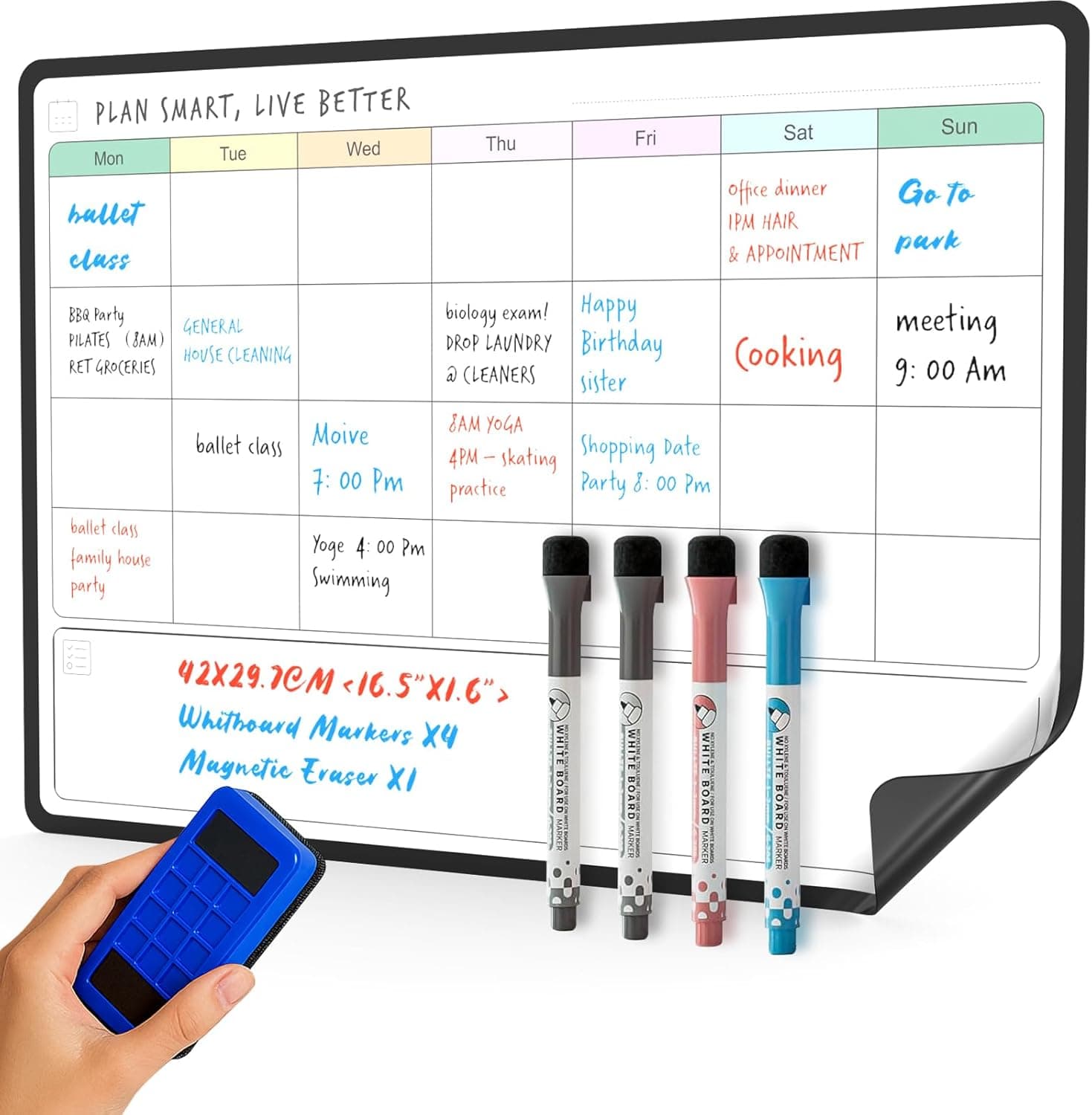 SURFOU Magnetic Whiteboard | Quadro branco magnético A3 para frigorífico com calendário mensal, lista de compras e 4 marcadores coloridos
