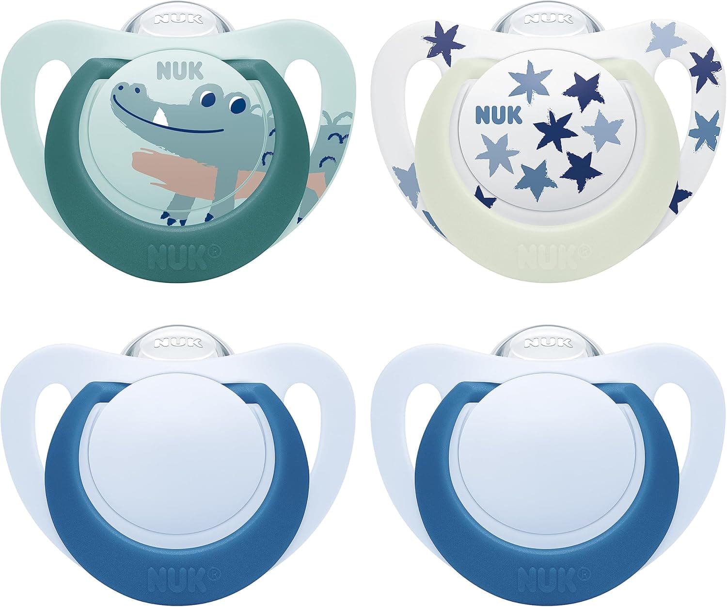 NUK Star Day & Night chupeta | 18-36 meses | Calma 99% dos bebés | Chupetes de silicone sem BPA, brilha no escuro para encontrar à noite, crocodilo, 4 unidades