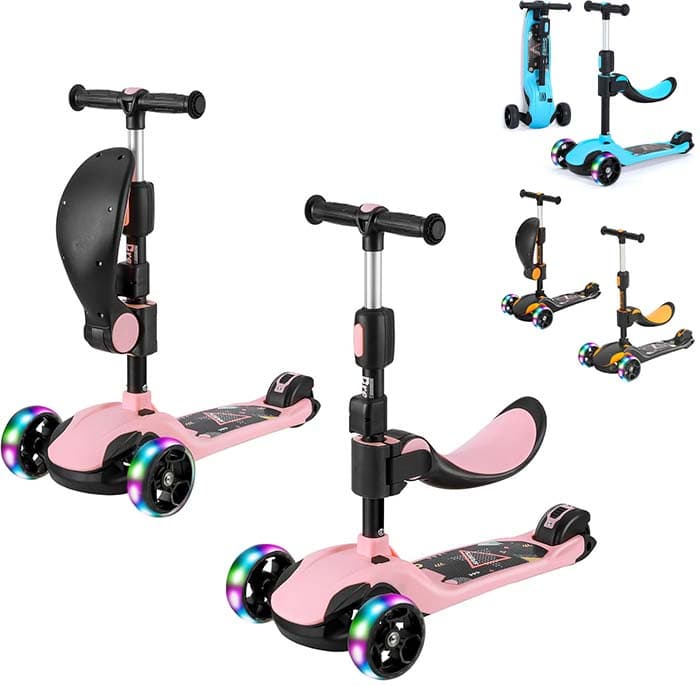 BremToy Trotineta para crianças dos 1 aos 12 anos, ajuste de altura infinito, skate com assento removível, 3 rodas brilhantes LED, carga máxima de 50 kg