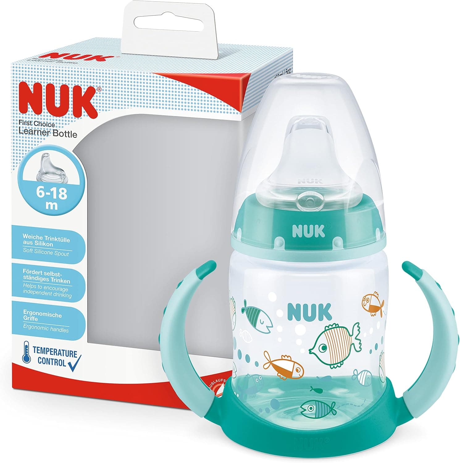 NUK First Choice Garrafa para aprender a beber, 6 a 18 meses, 150 ml, indicador de temperatura, bocal anti-gotejamento, alças ergonómicas, sem BPA, cor verde