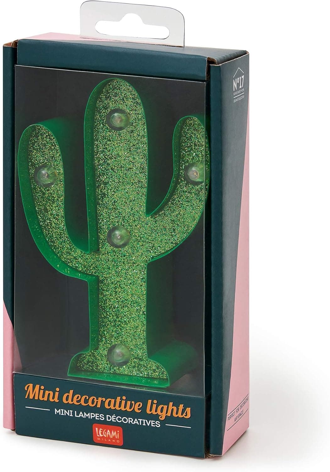 Legami - Mini luz decorativa, metal, madeira, plástico, 2 ranhuras na parte traseira para pendurar a luz na parede, cor da luz branca quente, 10 x 3,3 x 10 cm, tema cato