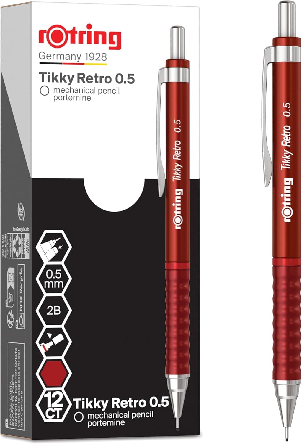 Portaminas retro Tikky de rOtring | 2B de 0,5 mm, corpo vermelho, aderência ondulada, 12 unidades