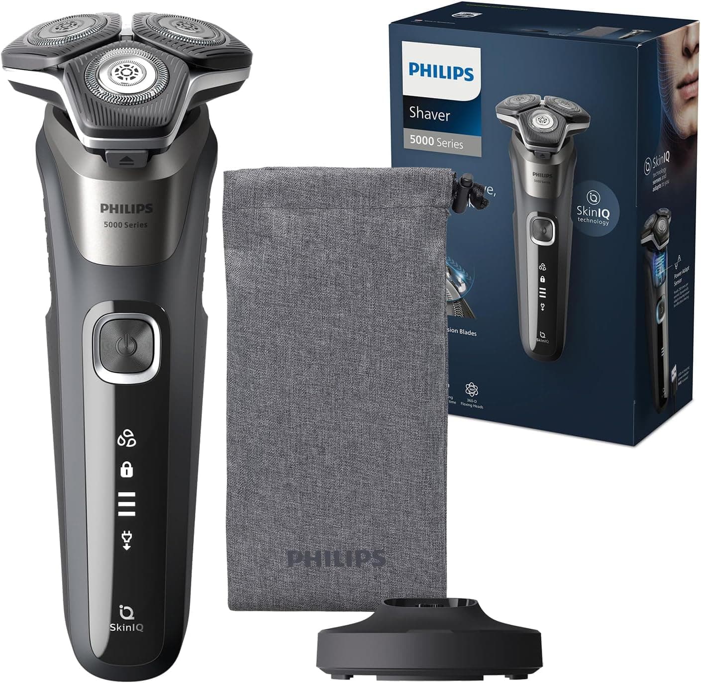 Philips Série 5000 máquina de barbear elétrica para homem, máquina de barbear com aparador, 45 lâminas, cuidado da pele, 60 min de uso, seco e húmido, recarregável, base de carregamento, S5887/13,