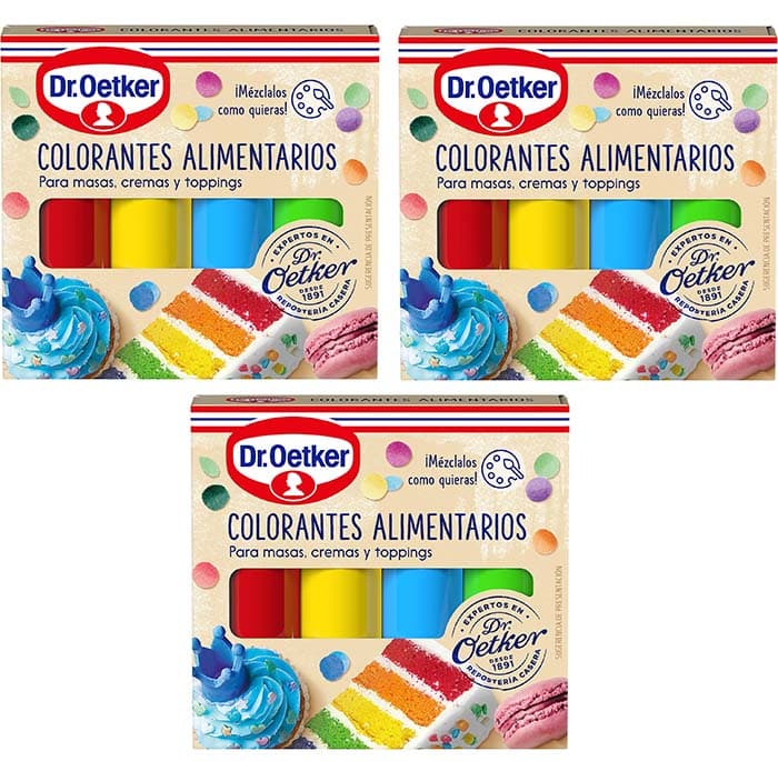 DR. OETKER Corantes de uso alimentar especialmente desenhados para bolos, bolos, fundos e bebidas, conjunto de 4 cores diferentes e combináveis, 3 embalagens