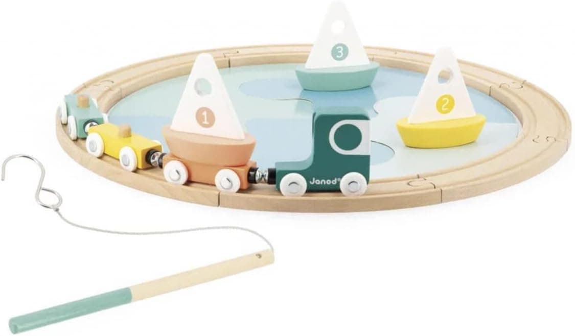 Janod Veleiro sólido de madeira FSC e caixa - brinquedo primeira infância-1 circuito puzzle 4 peças 8 acessórios - A partir de 2 anos, J04629, multicolor, 44 x 8,8 cm 