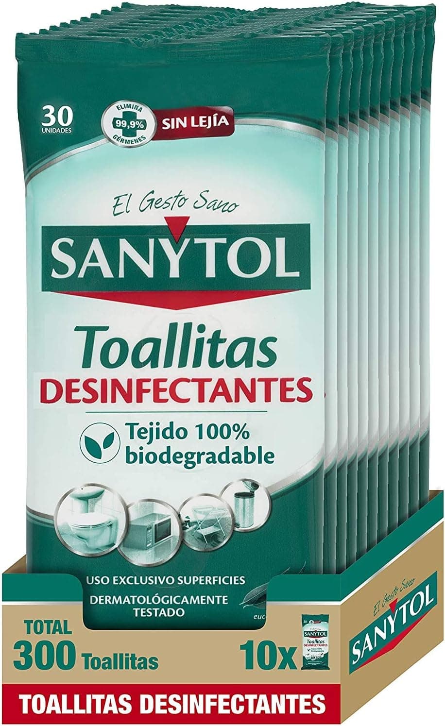 Sanytol - Embalagem de 10 x 30 toalhetes desinfetantes multifuncionais, eliminam bactérias, fungos e vírus sem lixívia, perfume eucaliptus - 300 toalhetes