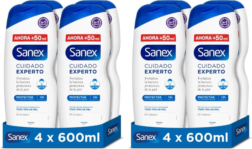 Sanex Cuidado Experto Protector | Gel de duche com prebióticos natural para todo o tipo de pele, 600 ml x 8