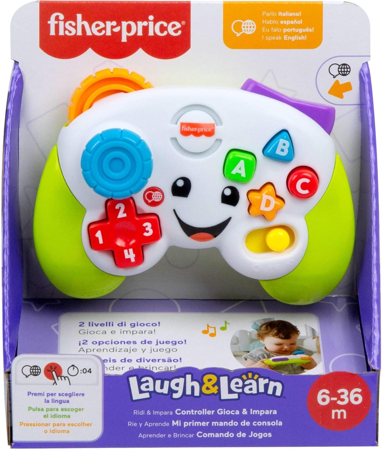 Fisher-Price Laugh & Learn Meu primeiro comando de consola comando de videojogos de brinquedo com música e luzes, para meninos e meninas + 6 meses, versão multilingue: Inglês, italiano, português