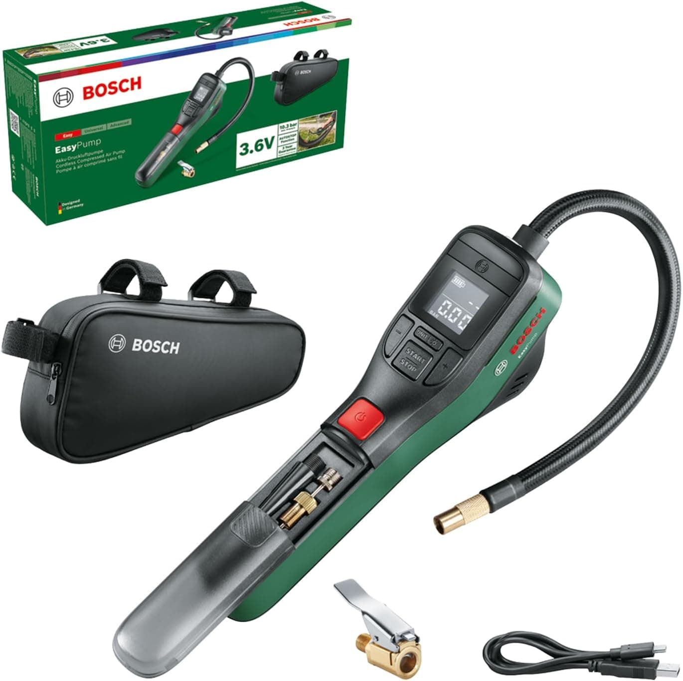 Bosch EasyPump | Compressor de ar portátil a bateria com ecrã digital, 150 PSI e 3 adaptadores