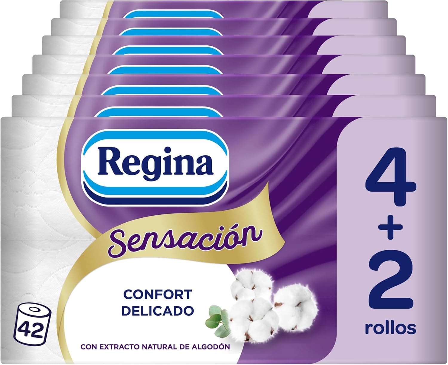 Regina Sensação - 42 rolos de papel higiénico, 175 folhas de camada tripla, extrato natural de algodão e perfumado, embalagem de plástico reciclado a 60%, papel 100 % certificado FSC