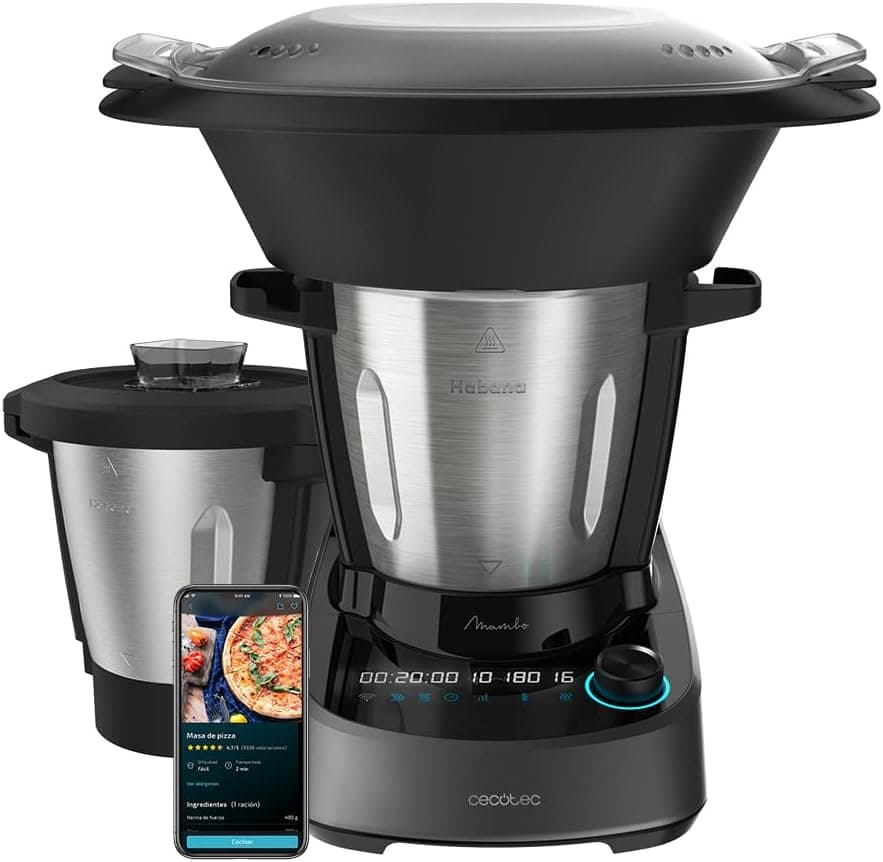 Cecotec Robô de cozinha multifunções Mambo 11090 Havana. 1600 W, 37 funções, APP, balda, jarro anti-aderente Havana e jarro de 3,3 litros de aço inoxidável, receitas e acessórios