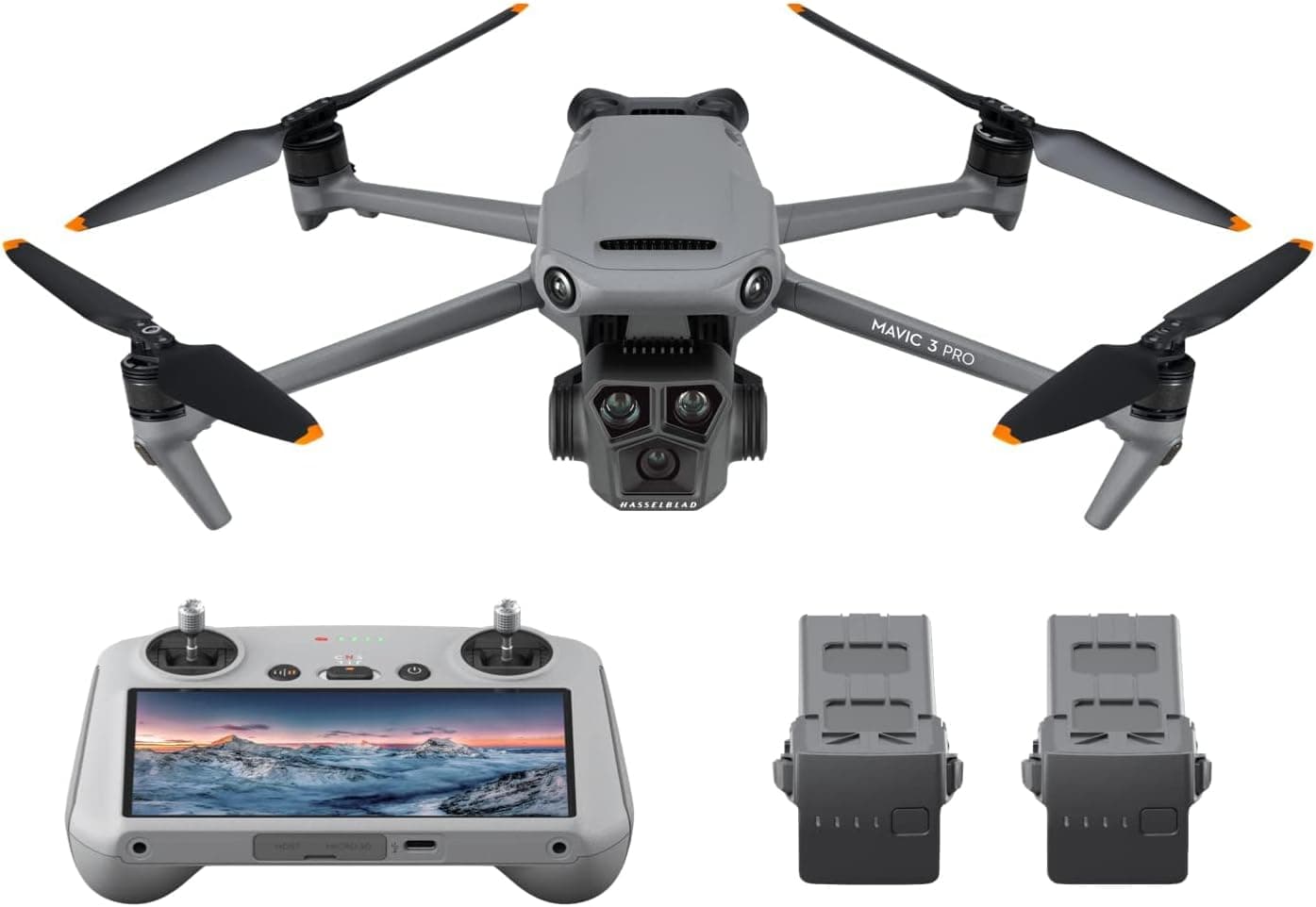 DJI - Pack Mavic 3 Pro Voe mais com RC (controlo remoto com ecrã), drone emblemático de três câmaras com câmara Hasselblad com CMOS 4/3, transmissão de vídeo HD a 15 km, três baterias