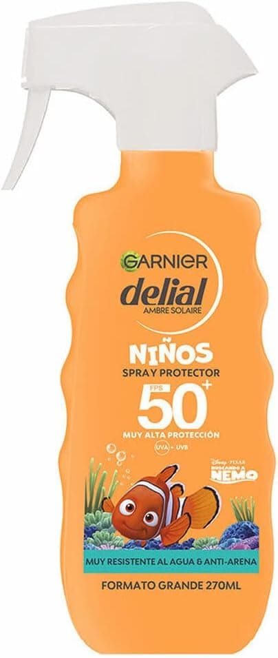 GARNIER DELIAL Spray solar muito alta proteção FPS50+ ecodesenhado para crianças de Nemo muito resistente à água e anti-areia 270 ml
