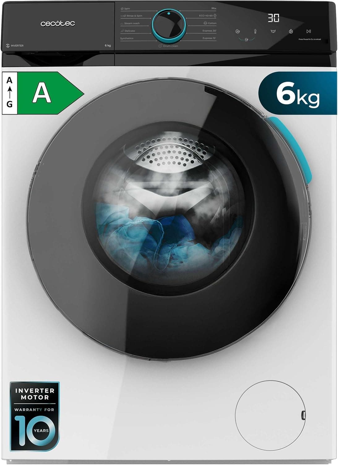Cecotec Máquina de lavar 6 kg carga frontal Bolero DressCode 6160 Inverter. 1200 RPM, 11 programas, baixo consumo, motor inverter Plus, Steam Max, Drum Clean, programa rápido de 15"