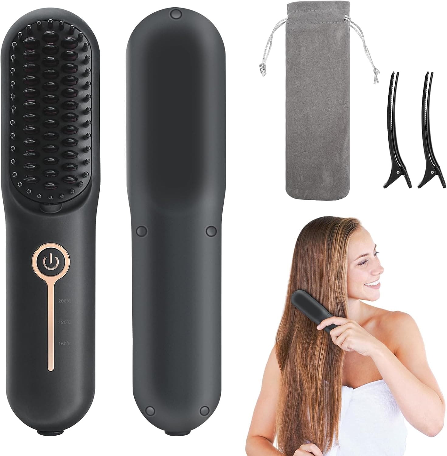 Coikes Escova alisadora de cabelo sem fios escova alisadora portátil para viagens 160 - 200 °C 3 temperatura regulável mini pente alisador de cabelo iões negativos recarga USB pente alisador de cabelo